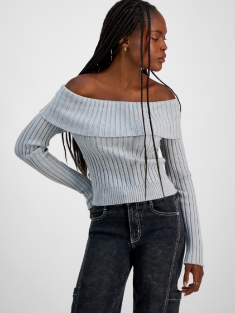 Madden Girl Juniors' Off-the-Shoulder Ribbed Sweater - Lt Heather SIZE XL NWT